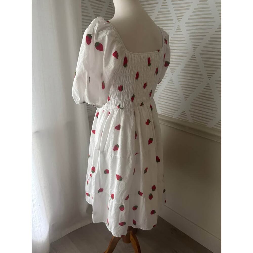 Kindred Small White Embroidered Strawberrry Cottagecore Milkmaid Midi Dress - Picture 4 of 5